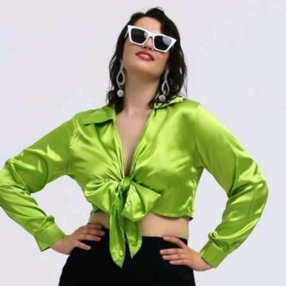 SHEIN 2XL Lime Green Long Sleeve Tie Front Top - Picture 7 of 12